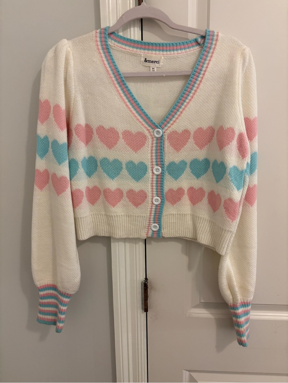 &merci Cream Heart-Print V-Neck Cardigan in Pink & Blue